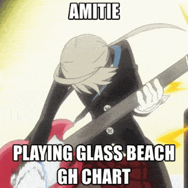 a cartoon of a person holding a guitar with the words amitie playing glass beach gh chart