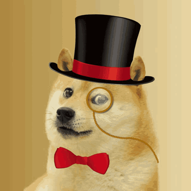 a dog wearing a top hat with a red ribbon and a red bow tie
