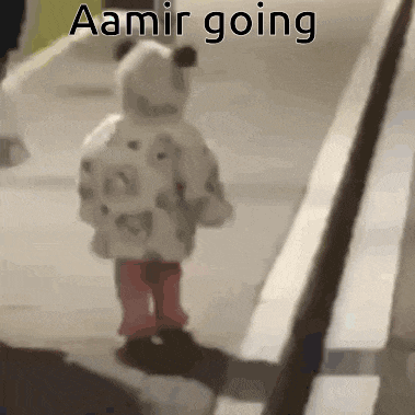 a baby is walking down a sidewalk with the words `` aamir going '' written on the bottom .