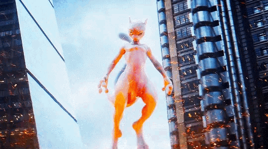 a white and orange monster is standing in front of a building