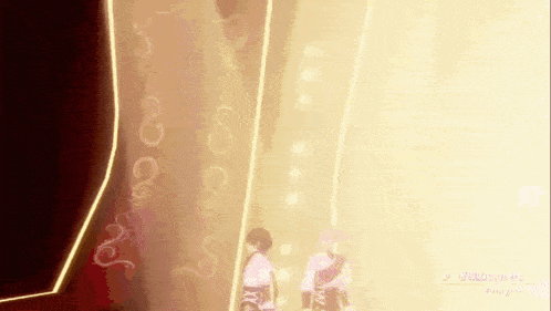 a couple of people standing next to each other in front of a wall that says " magic " on it