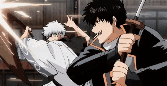 two anime characters are fighting with swords .