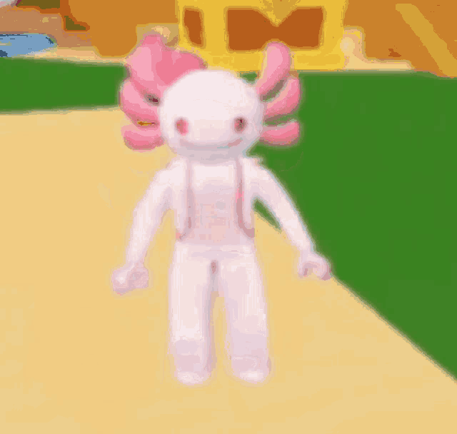 a white axolotl with pink arms and legs is standing in a game .