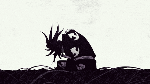 a black and white drawing of a samurai holding a sword in a field