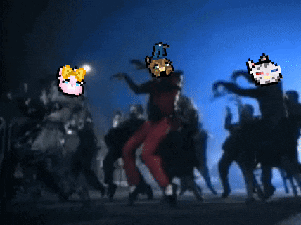 a pixel art drawing of a man dancing with a bunch of zombies in the background