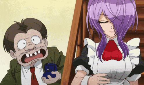 a man and a woman are standing next to each other and the woman is wearing a maid outfit