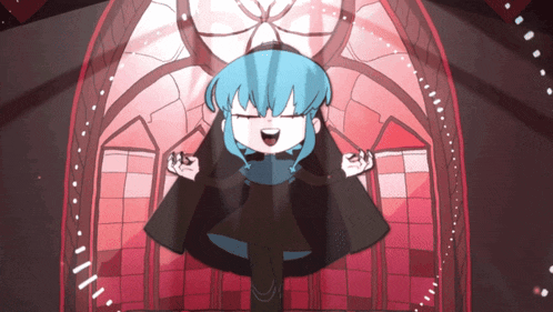 a cartoon drawing of a girl with blue hair laughing