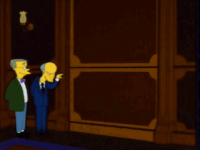 a cartoon of two men standing in front of a door .