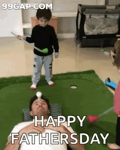 a man is laying on the floor with a child playing golf and the words happy fathers day