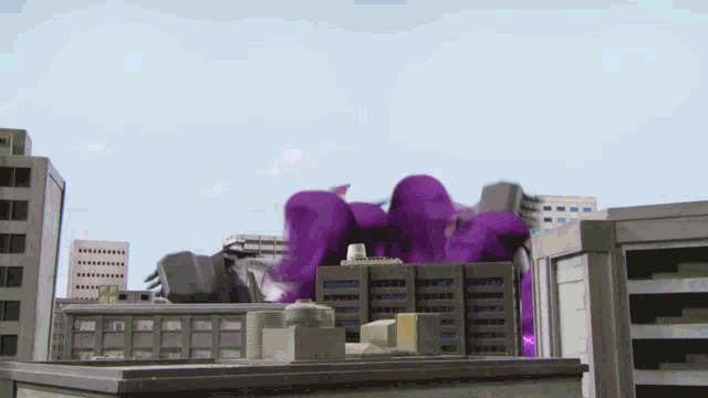 a purple monster is flying over a city