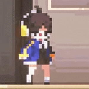 a pixel art of a girl standing in a doorway