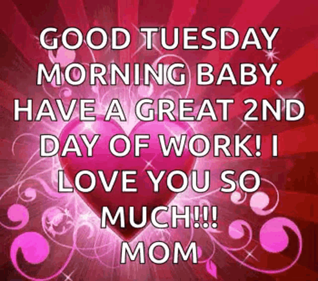 a good tuesday morning baby . have a great 2nd day of work ! i love you so much !