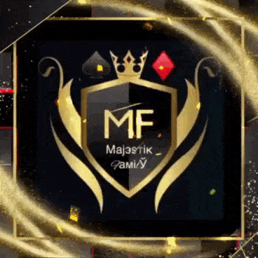 the logo for majestik family is a shield with a crown and playing cards on it