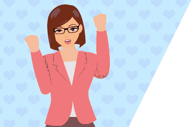 a woman wearing glasses and a pink jacket holds her fist up in the air