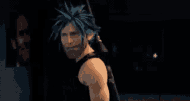 a man with blue hair is holding a sword in a video game .