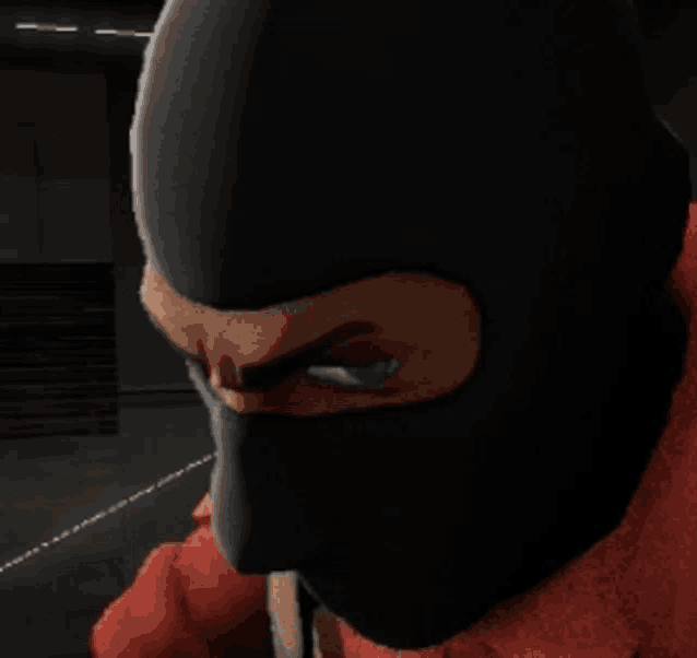a close up of a person wearing a black mask and a red jacket