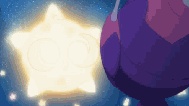 a purple cartoon character is standing next to a star