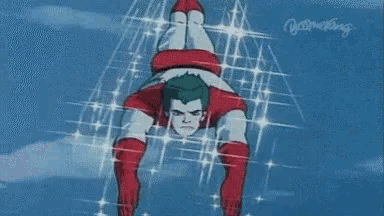 a cartoon character is doing a handstand in the sky