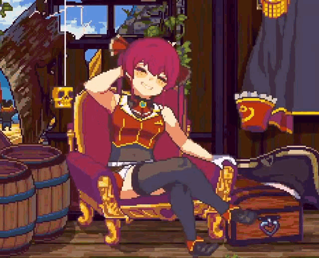 a pixel art illustration of a girl sitting in a chair next to a treasure chest .