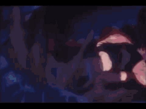 a cartoon character is running in a dark room with a red background .