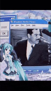 a computer screen shows a man and a girl in front of a window that says windows media player
