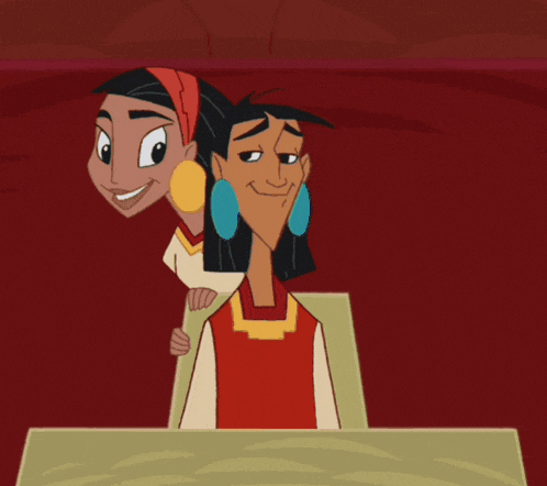 two cartoon characters are standing next to each other