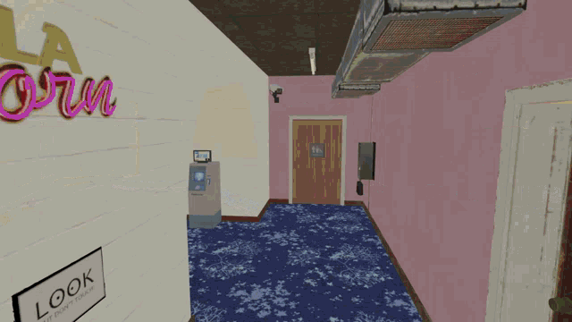 a computer generated image of a hallway with a sign that says look