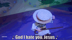 a video game character says god i hate you jesus while holding a stick