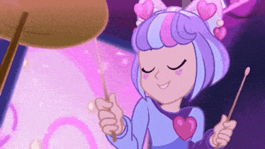 a cartoon girl with a heart on her chest is playing drums