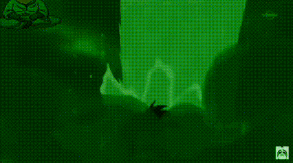 a cartoon character is talking to another cartoon character in a green background .