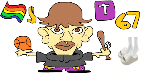 a cartoon drawing of a man holding a basketball and a baseball bat