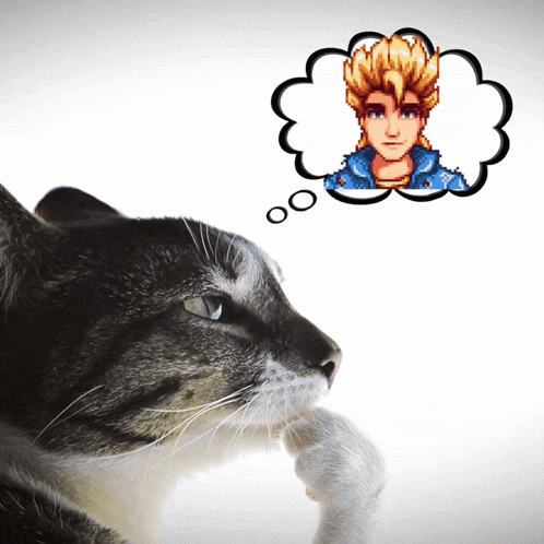a cat looking at a thought bubble of a man with blonde hair