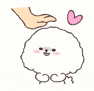 a person 's hand is petting a fluffy white dog with a pink heart .