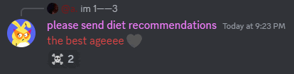 a screenshot of a discord message asking people to send diet recommendations at 9:23 pm