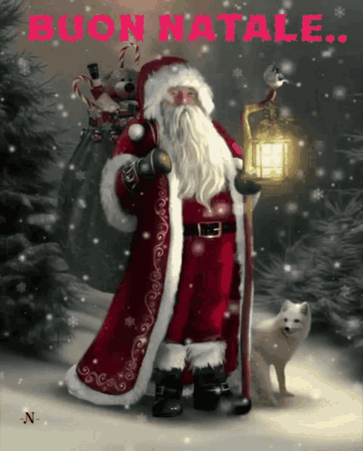 a painting of santa claus holding a lantern with the words buon natale on the bottom