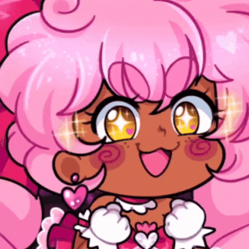 a cartoon girl with pink hair and yellow eyes