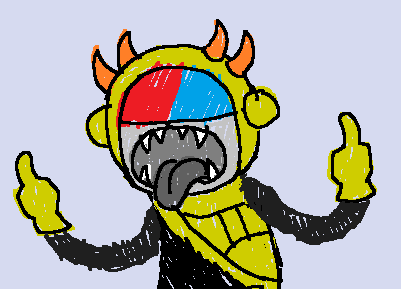 a drawing of a monster with horns giving a thumbs up sign