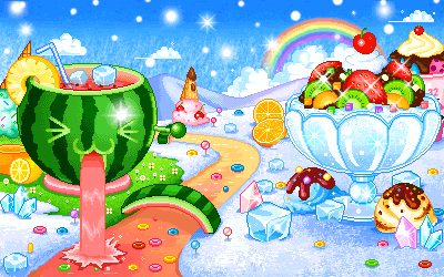 a pixel art illustration of a watermelon drink and a bowl of fruit salad