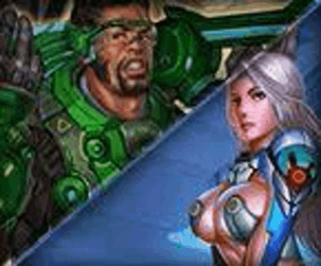 a man and a woman are standing next to each other on a blue background in a video game .
