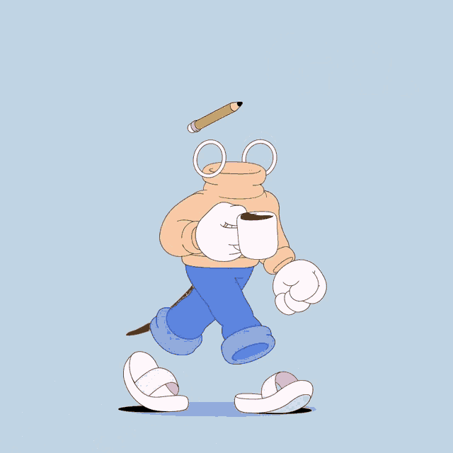 a cartoon character holding a cup of coffee with a pencil on his head