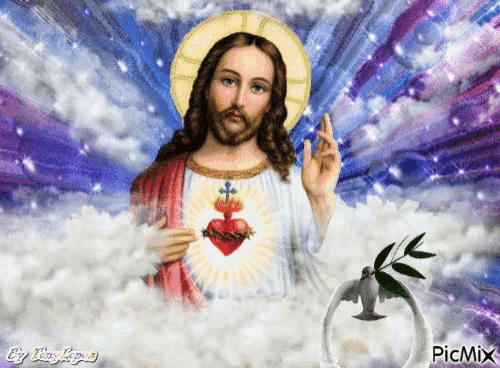 a picture of jesus with a heart in his chest and the words picmix below him