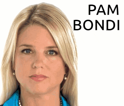 a close up of a woman 's face with the name pam bondi on the bottom