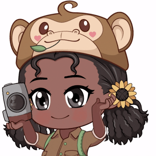 a cartoon girl wearing a monkey hat holding a camera
