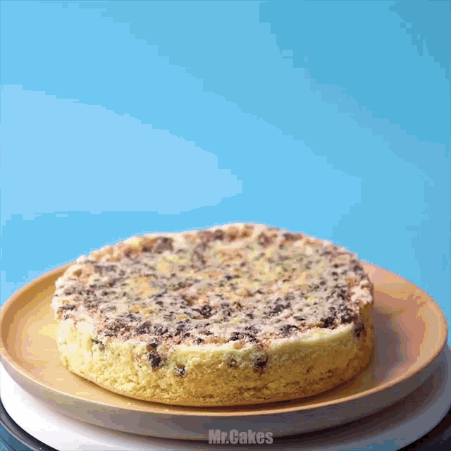 a cake on a wooden plate with the words mr.cakes below it