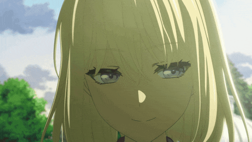 a close up of a blonde anime girl 's face with blue eyes