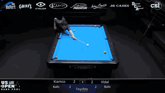 a pool table with a blue cloth and two men playing