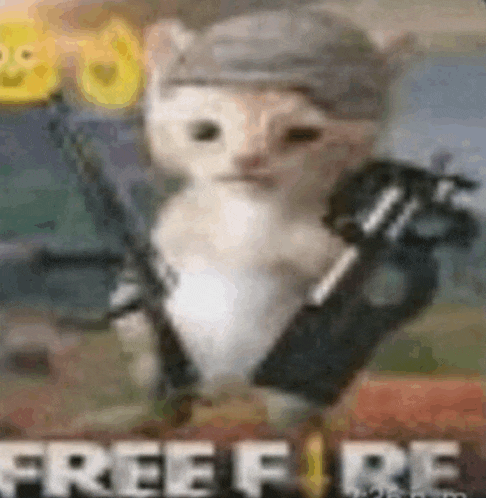 a cat is holding a gun and wearing a helmet .