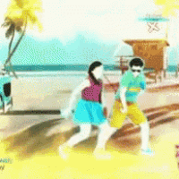 a man and a woman dancing on a beach with a lifeguard tower in the background