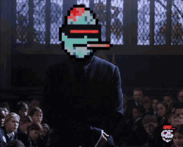 a pixelated image of a man standing in front of a group of people