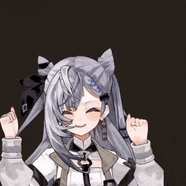 a girl with gray hair and cat ears is smiling with her hands in the air